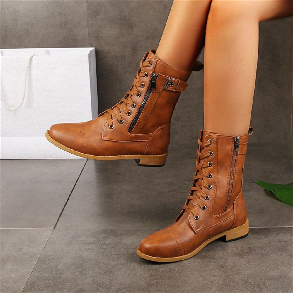 Lace-up mid-calf combat boots with side zip for women