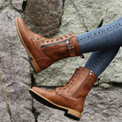 Lace-up mid-calf combat boots with side zip for women