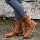 Lace-up mid-calf combat boots with side zip for women