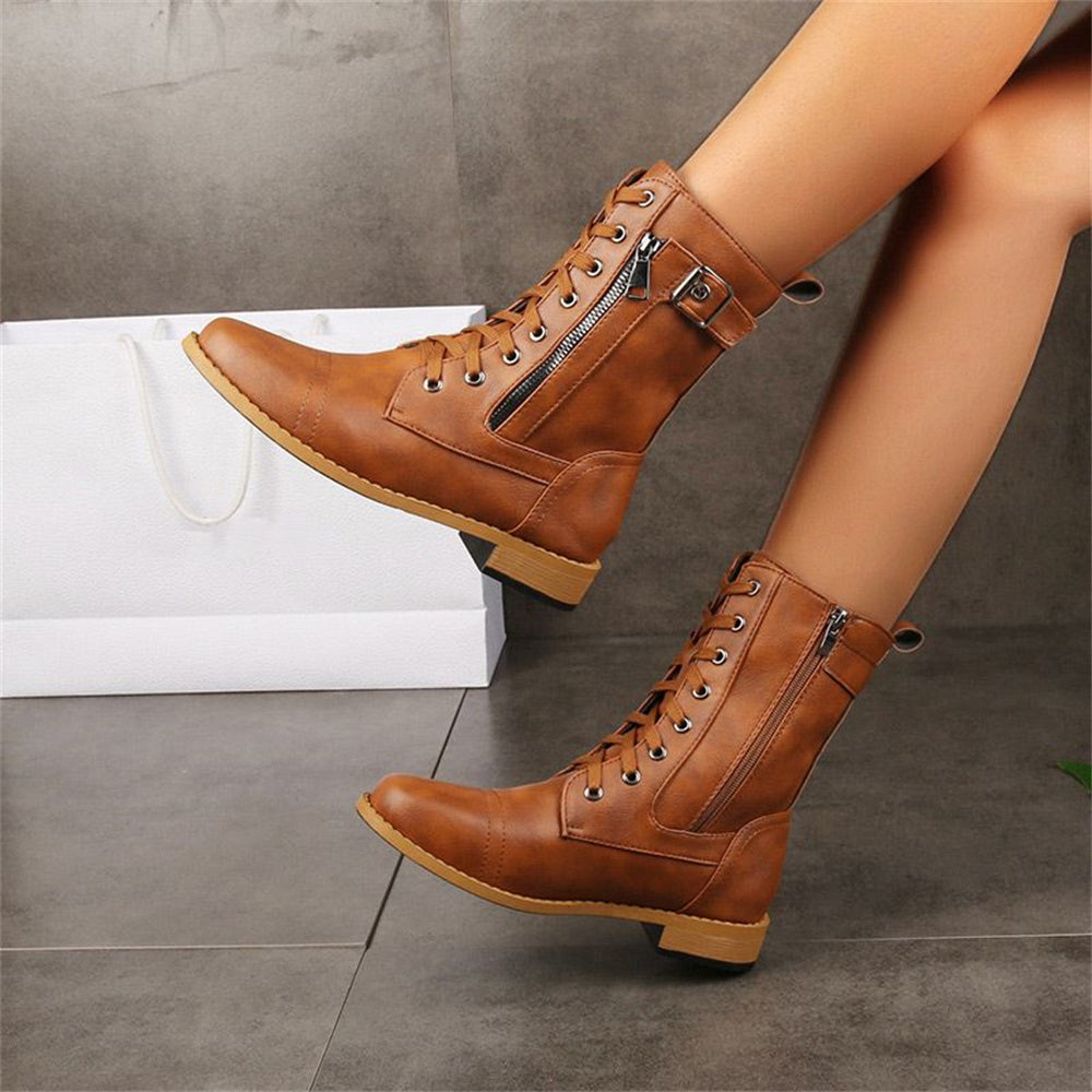 Lace-up mid-calf combat boots with side zip for women