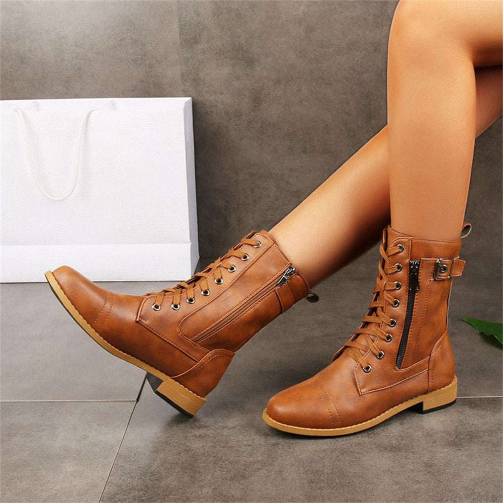 Lace-up mid-calf combat boots with side zip for women