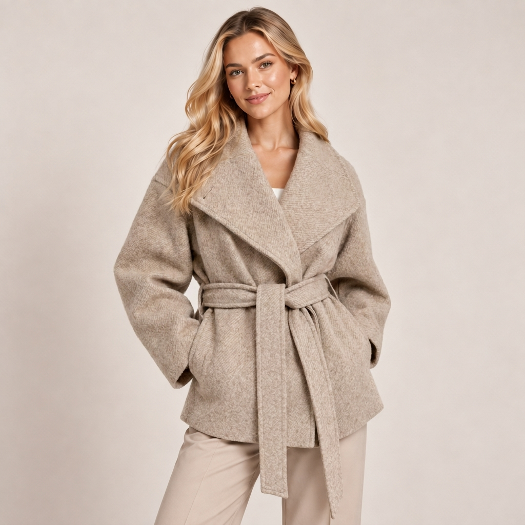 Wide collar wrap belted coat for women