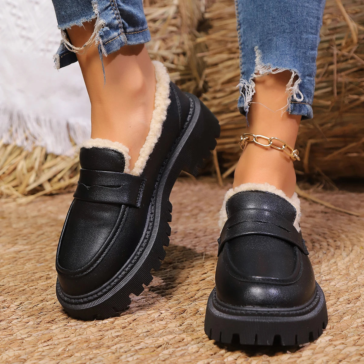 Sherpa-lined chunky platform loafers for women