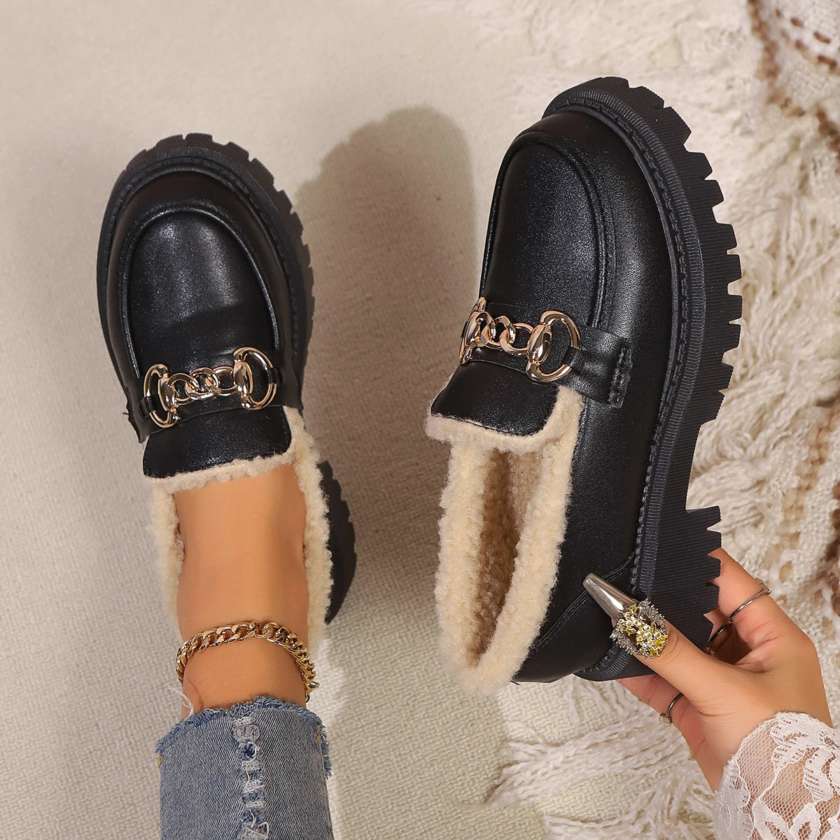 Sherpa-lined chunky platform loafers for women