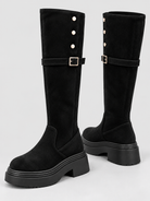 Studded platform knee-high buckle boots for women