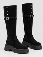 Studded platform knee-high buckle boots for women