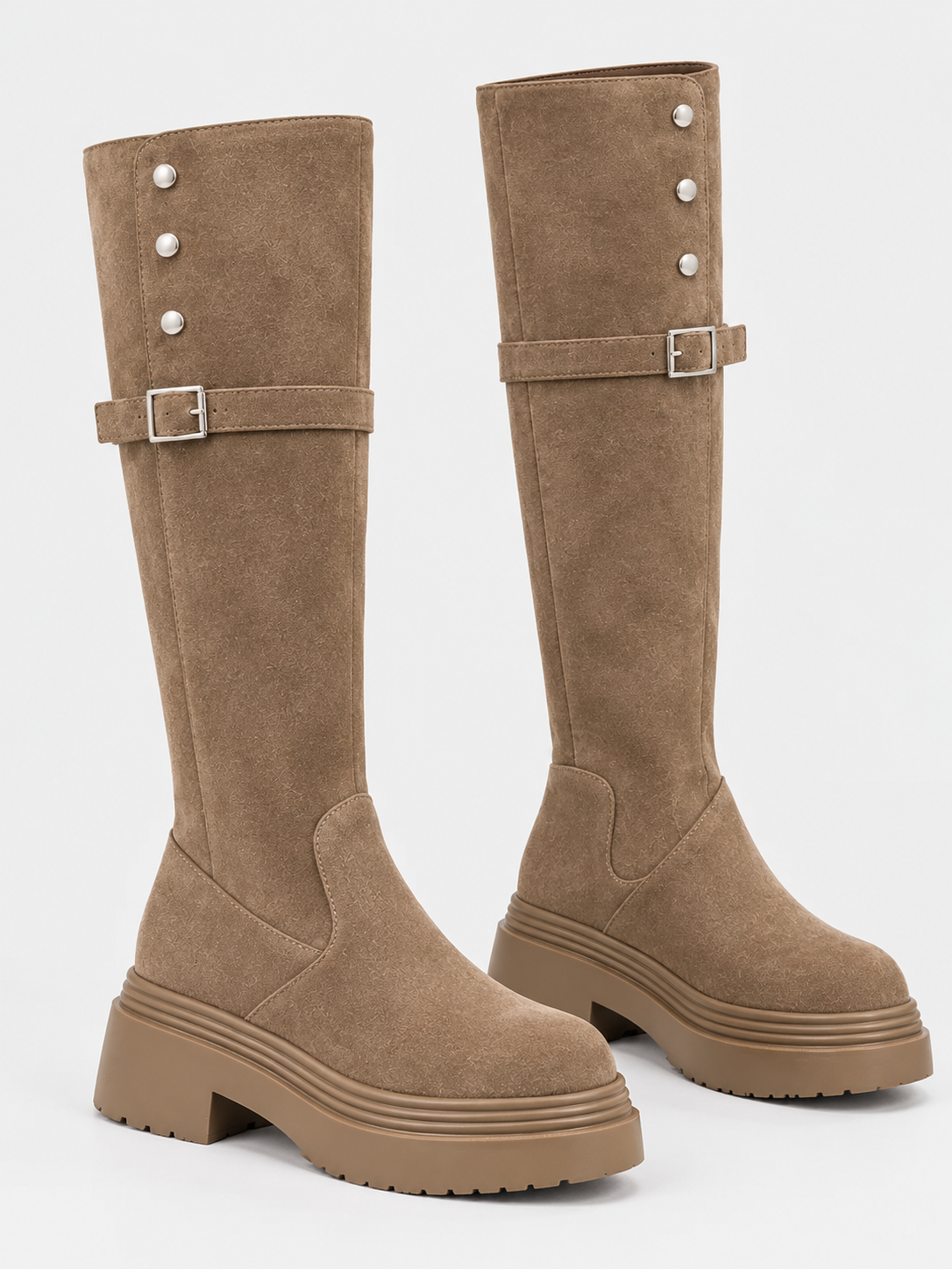 Studded platform knee-high buckle boots for women