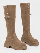 Studded platform knee-high buckle boots for women