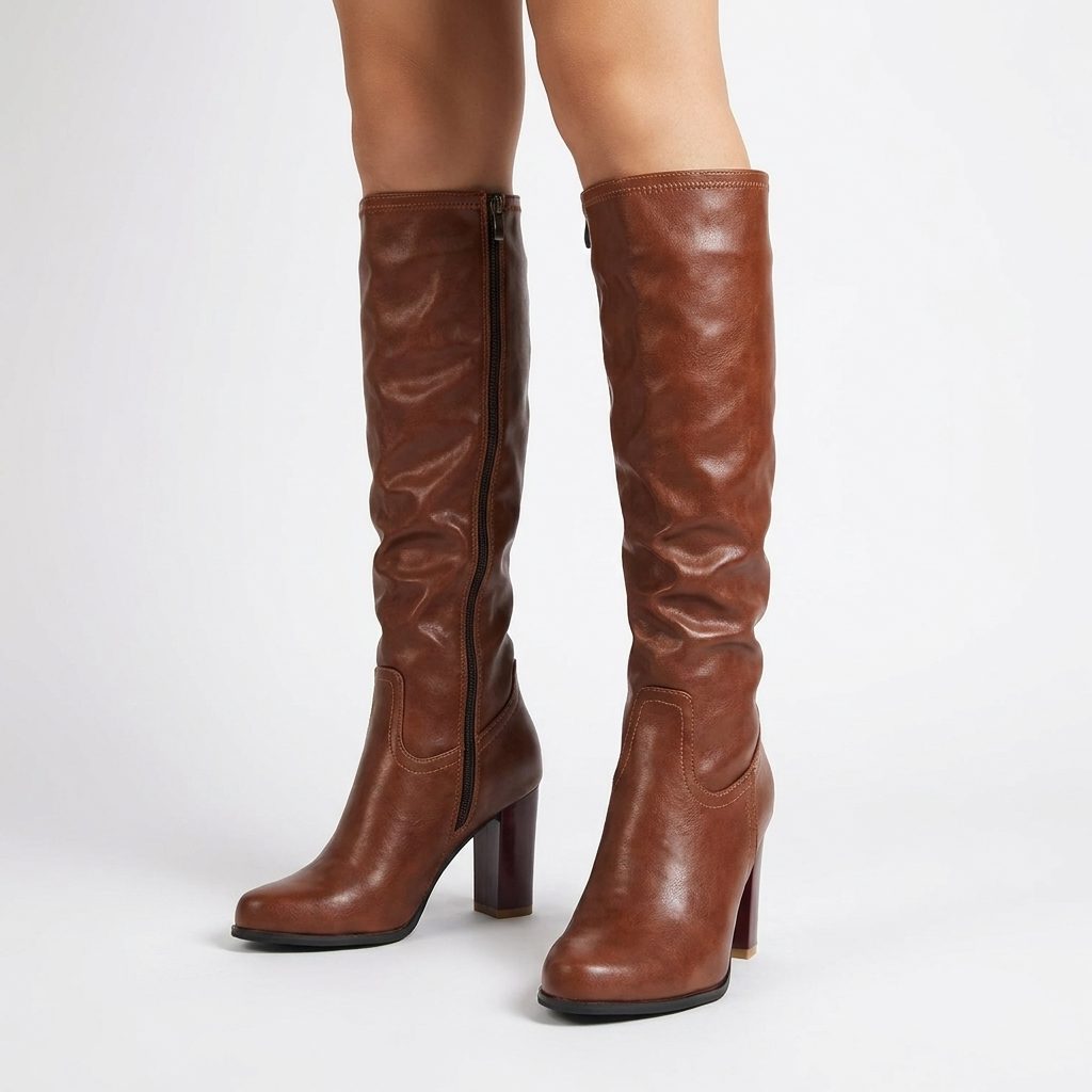 Curved heel knee high boots for women