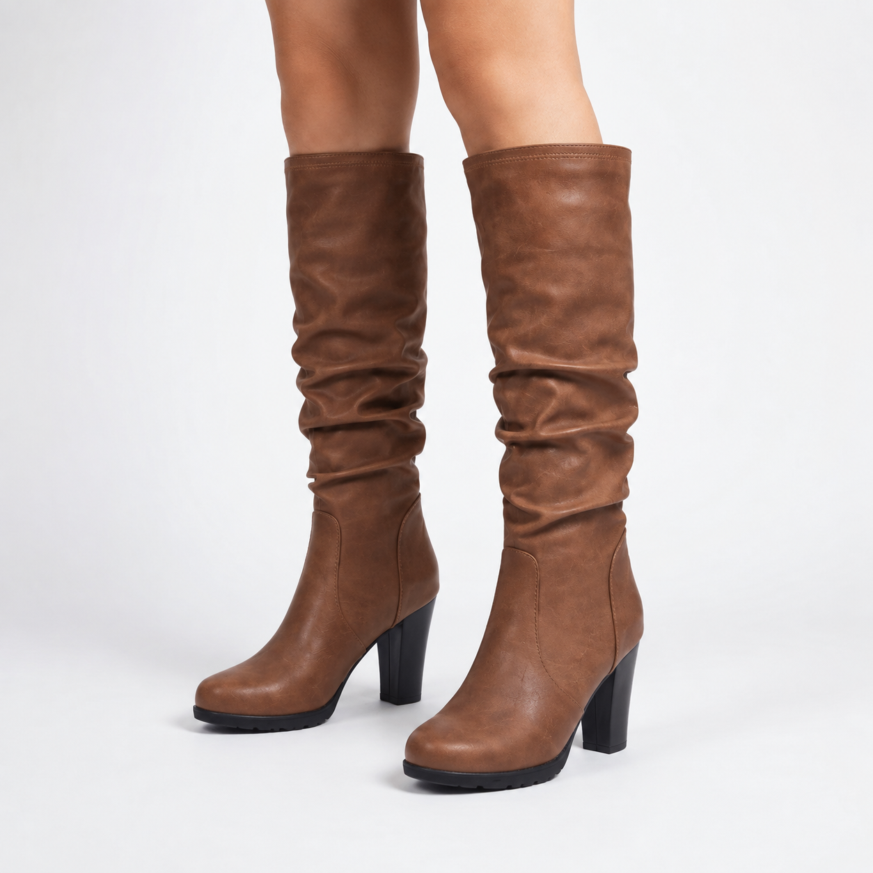 Block heel knee-high slouch boots for women