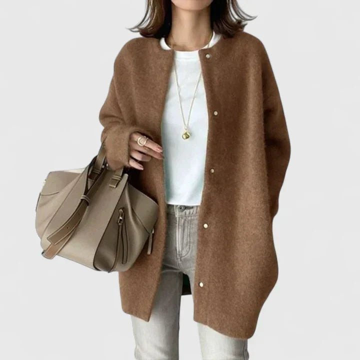 Fuzzy longline cardigan in khaki, black, caramel brown, gray and green for women