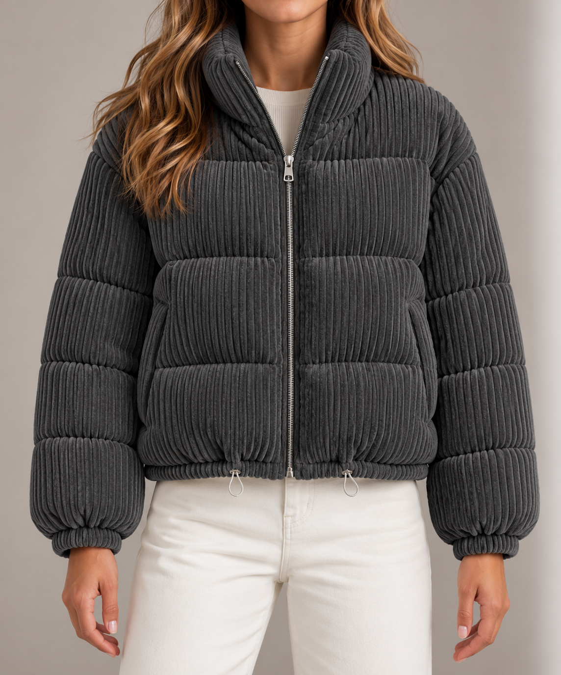 Corduroy cropped puffer jacket for women