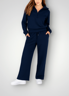 Half-zip sweatshirt and wide-leg pant set in navy for women