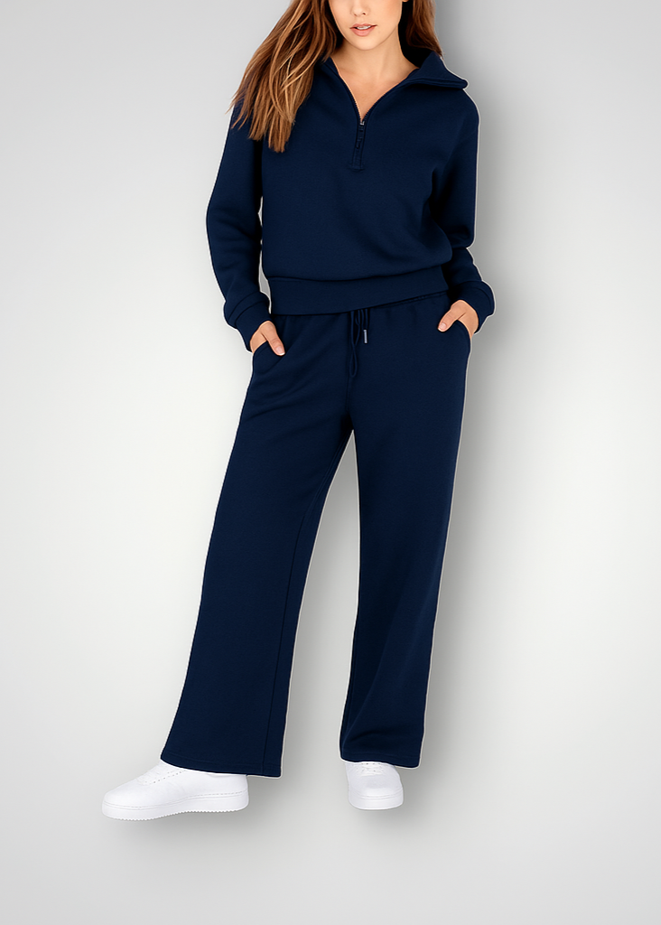 Half-zip sweatshirt and wide-leg pant set in navy for women