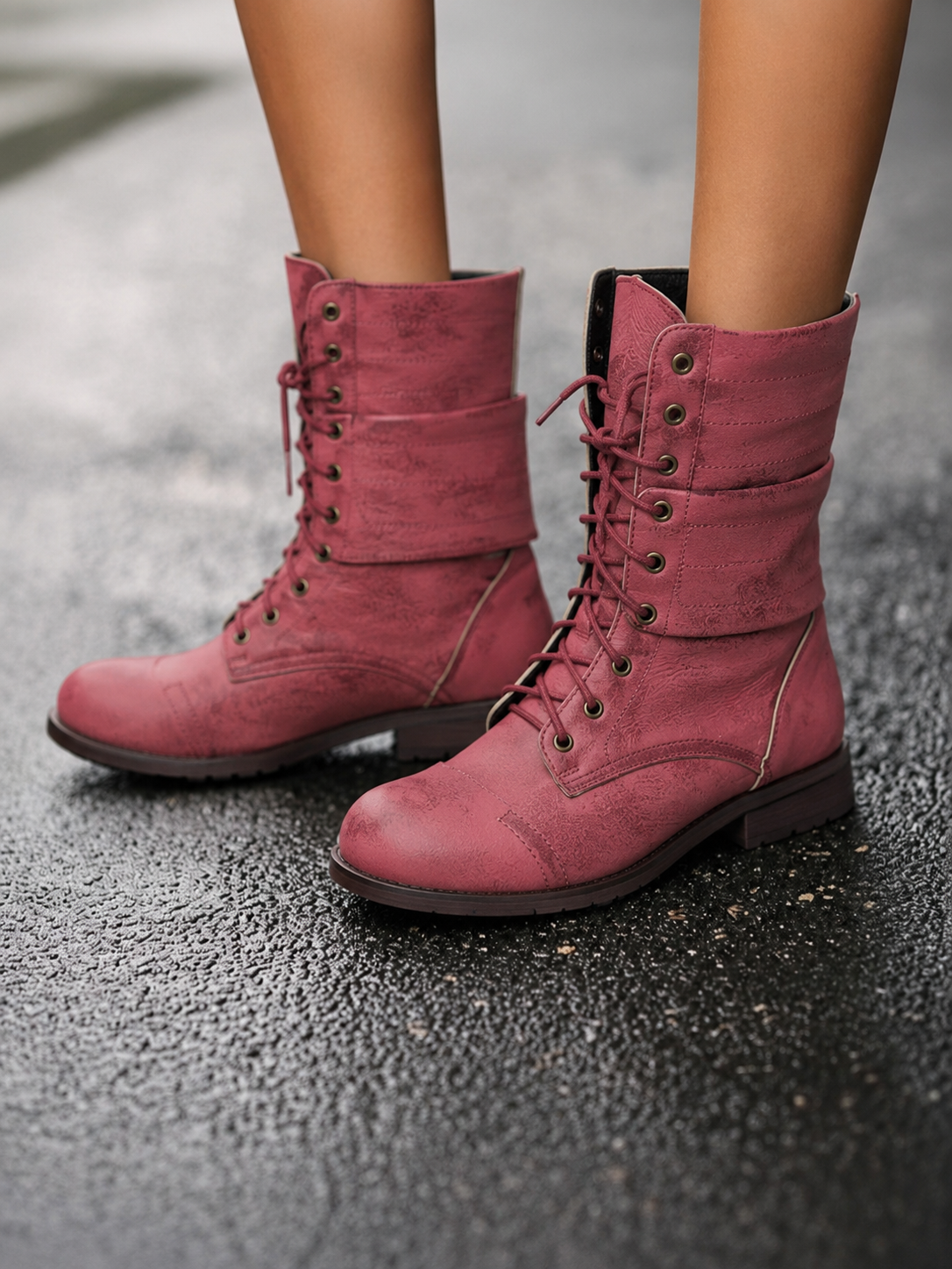 Fold-over cuff mid-calf combat boots for women