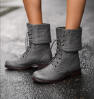 Fold-over cuff mid-calf combat boots for women