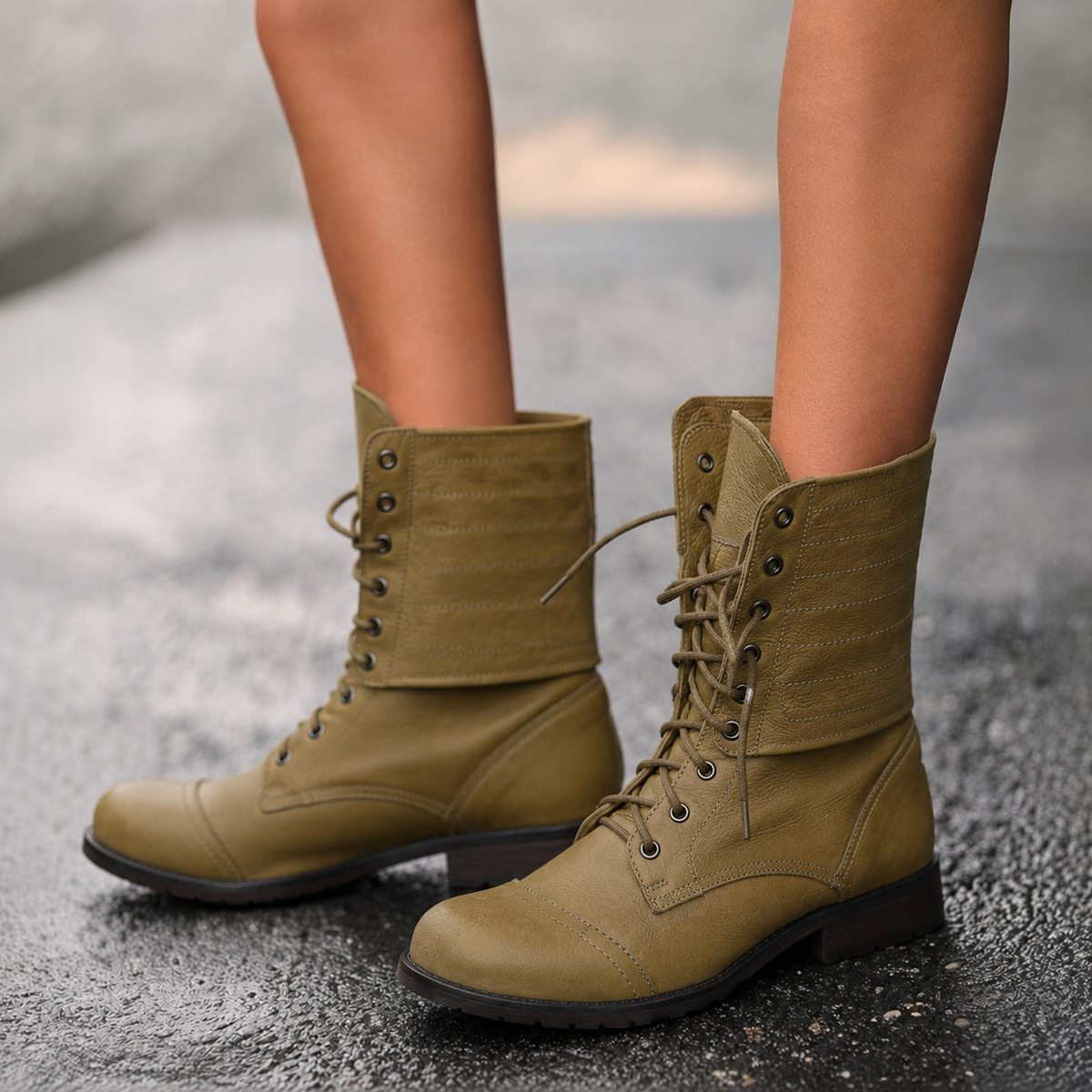 Fold-over cuff mid-calf combat boots for women