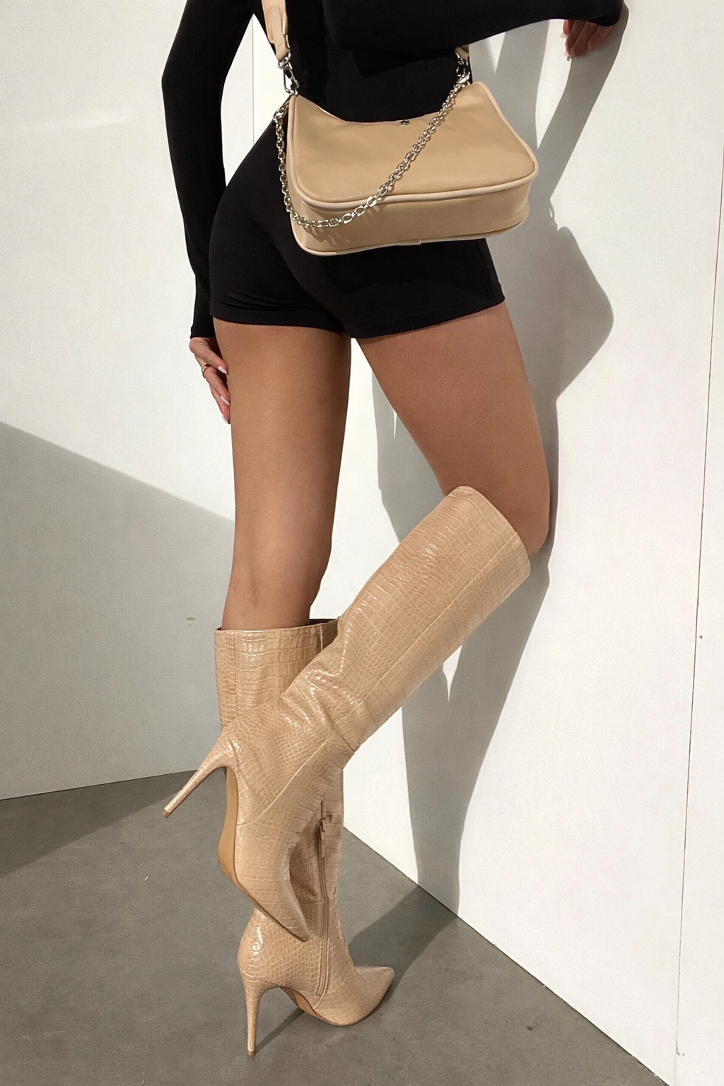 Beige croc-effect knee-high stiletto boots for women