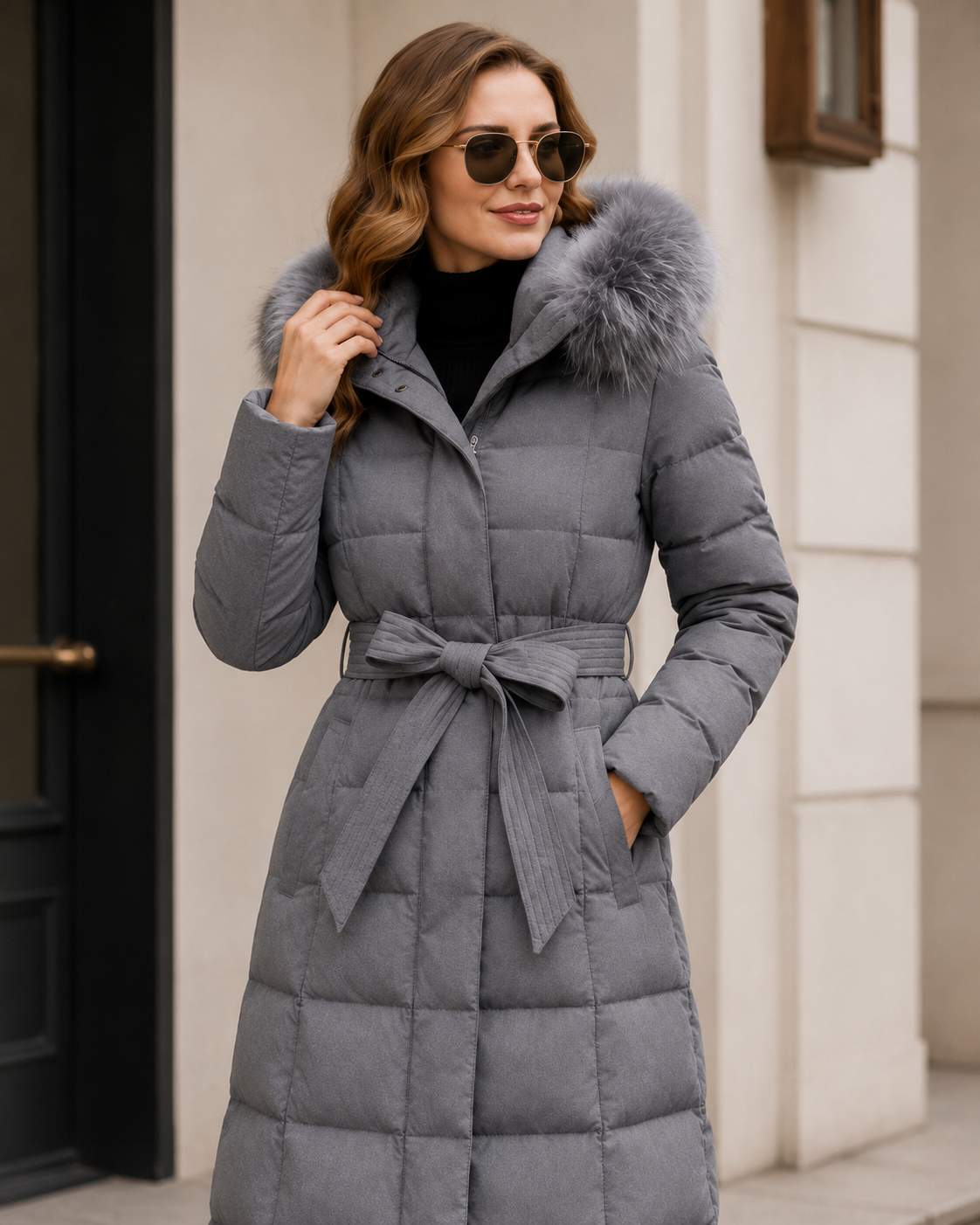 Longline hooded puffer belted coat for women