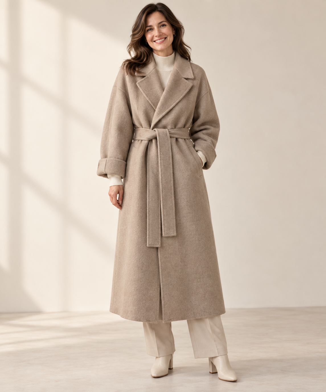 Long wrap wool-look belted coat for women