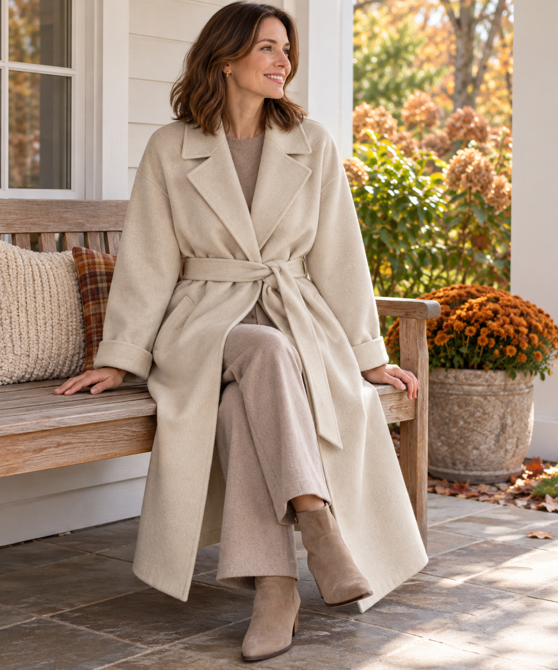 Long wrap wool-look belted coat for women