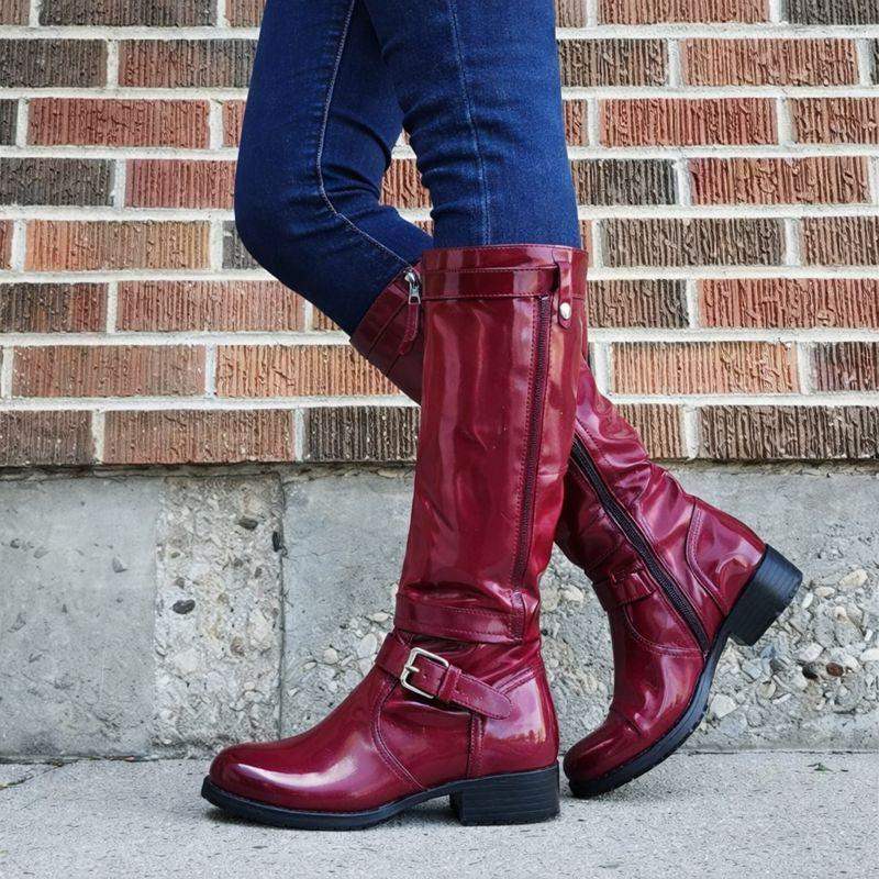 Glossy buckle knee-high boots in red for women