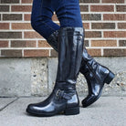 Glossy buckle knee-high boots in black for women