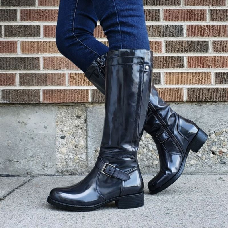 Glossy buckle knee-high boots in black for women