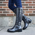 Glossy buckle knee-high boots for women