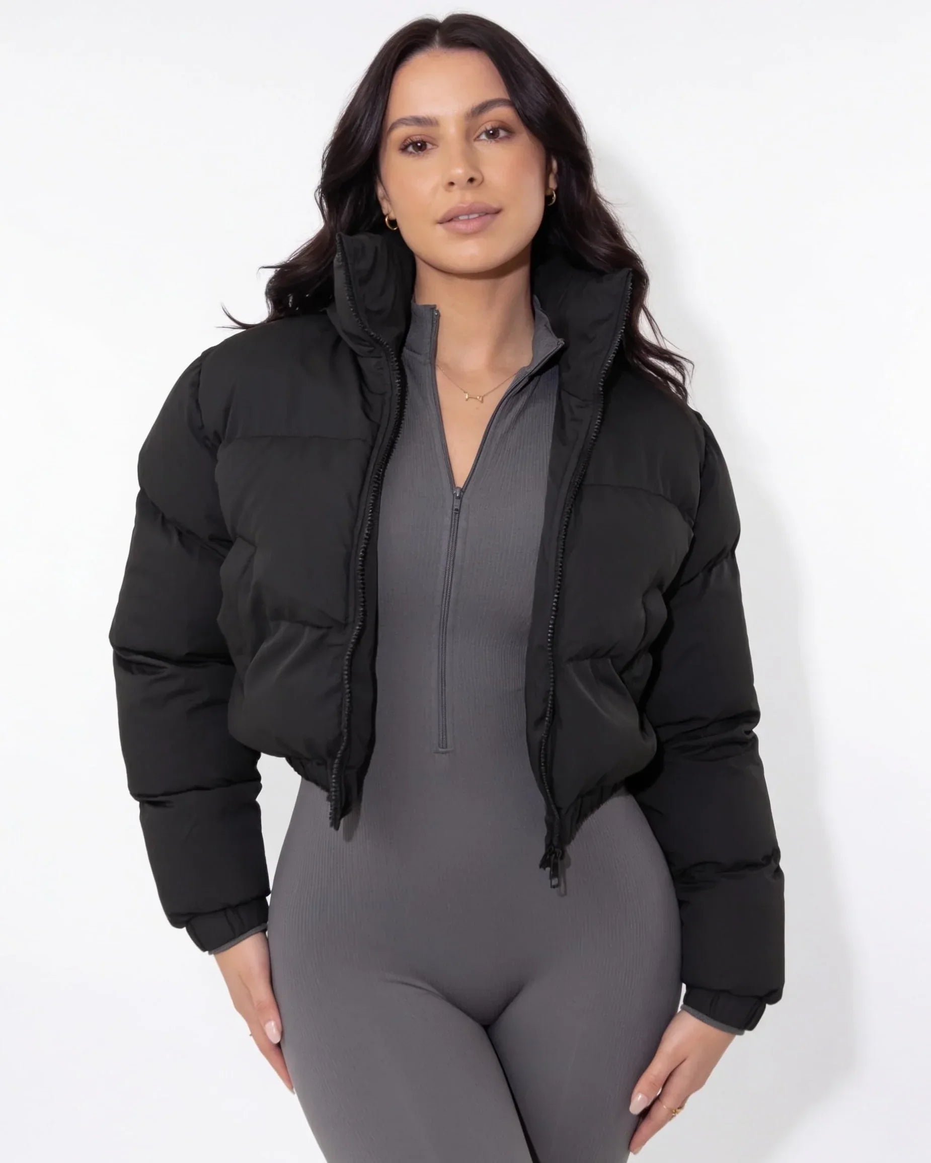 Funnel neck cropped puffer jacket for women