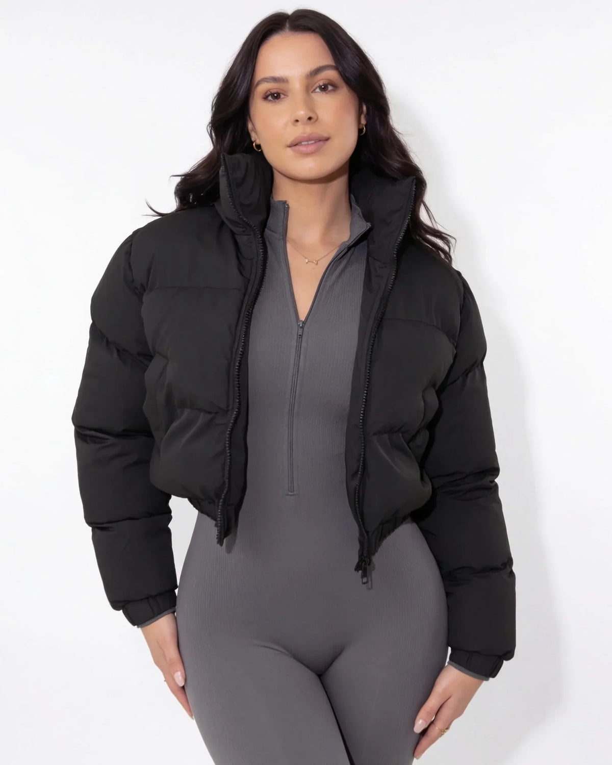 Funnel neck cropped puffer jacket for women