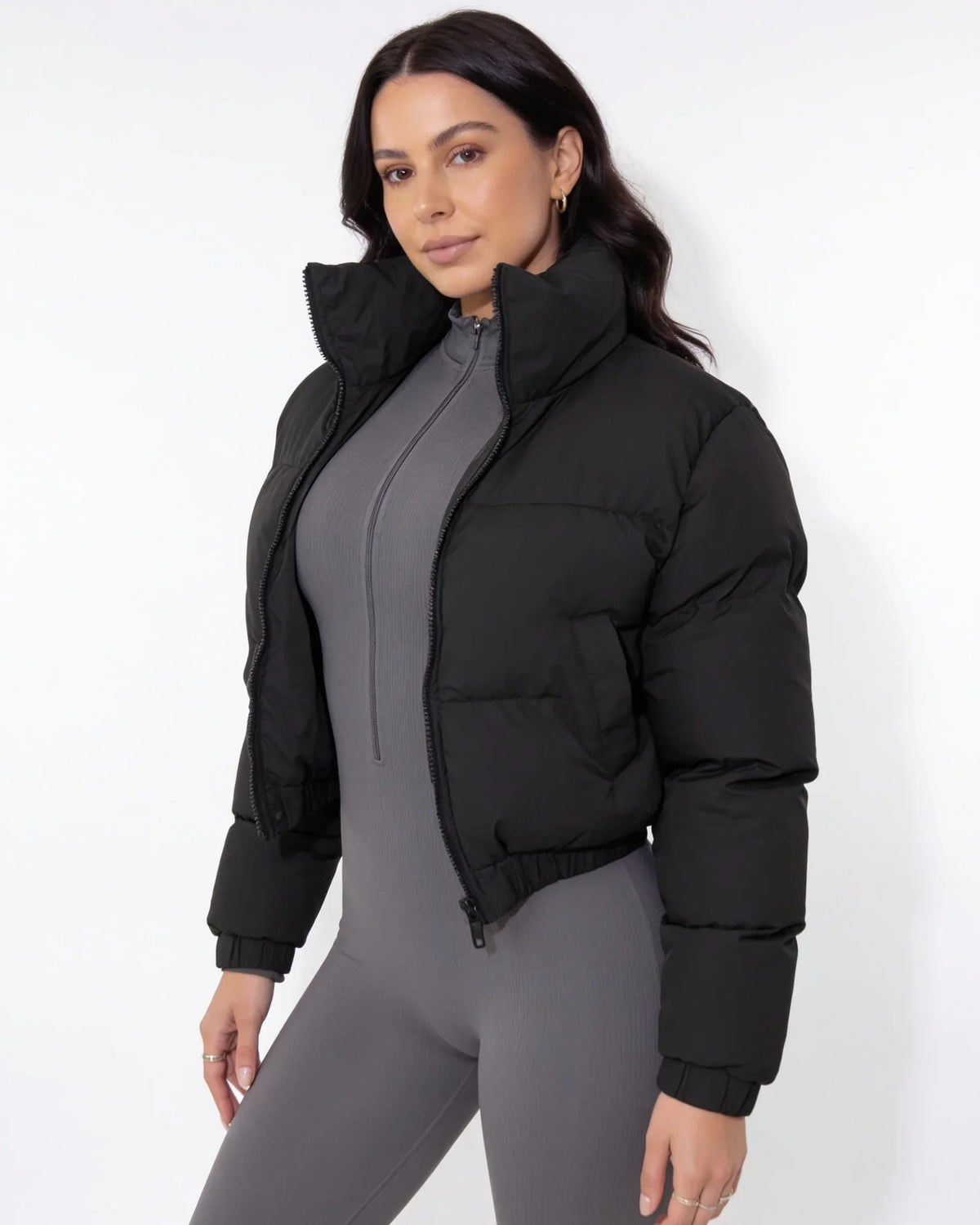 Funnel neck cropped puffer jacket for women