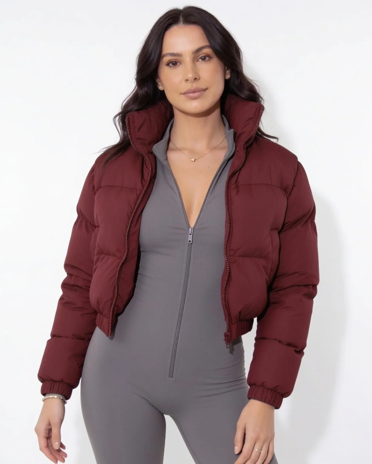 Funnel neck cropped puffer jacket for women