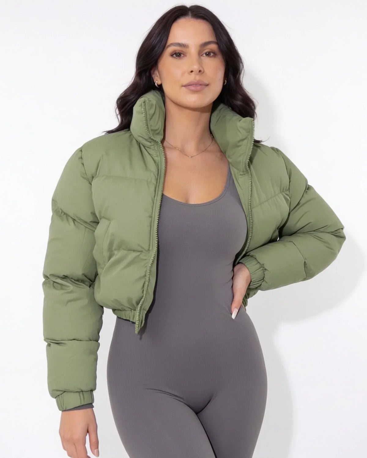 Funnel neck cropped puffer jacket for women