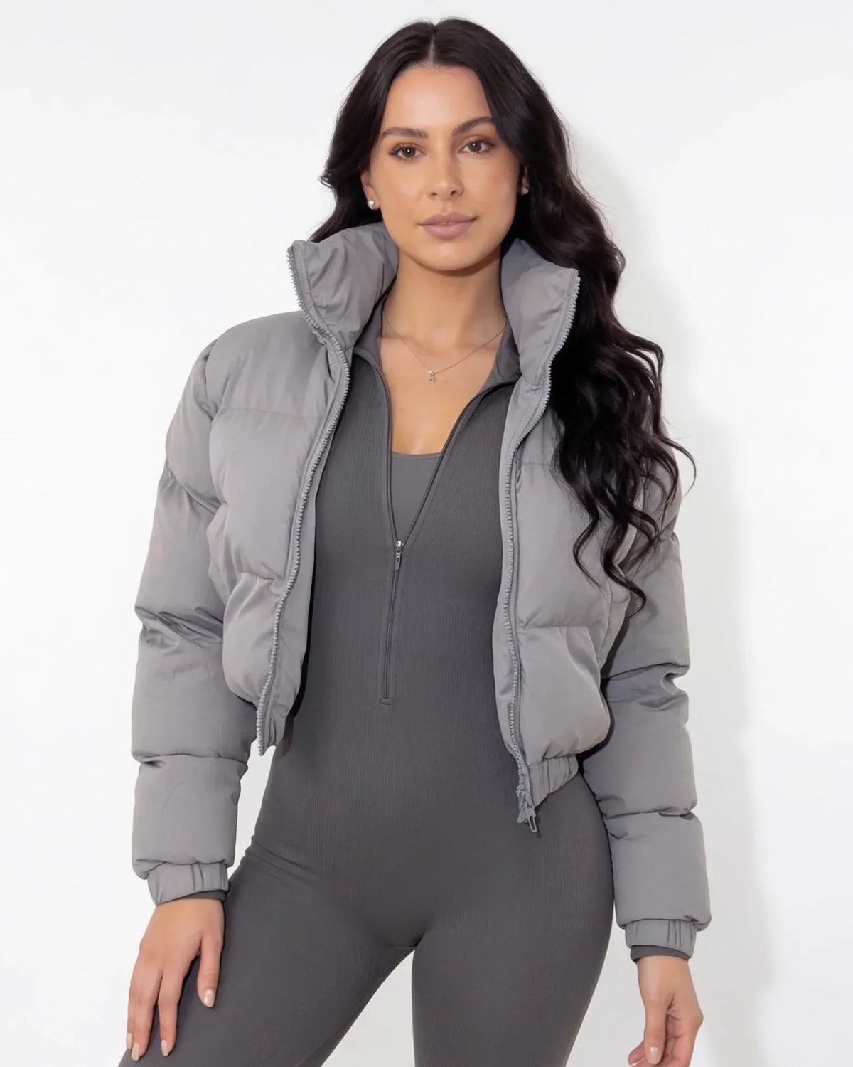 Funnel neck cropped puffer jacket for women