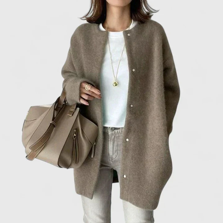 Fuzzy longline cardigan in khaki, black, caramel brown, gray and green for women