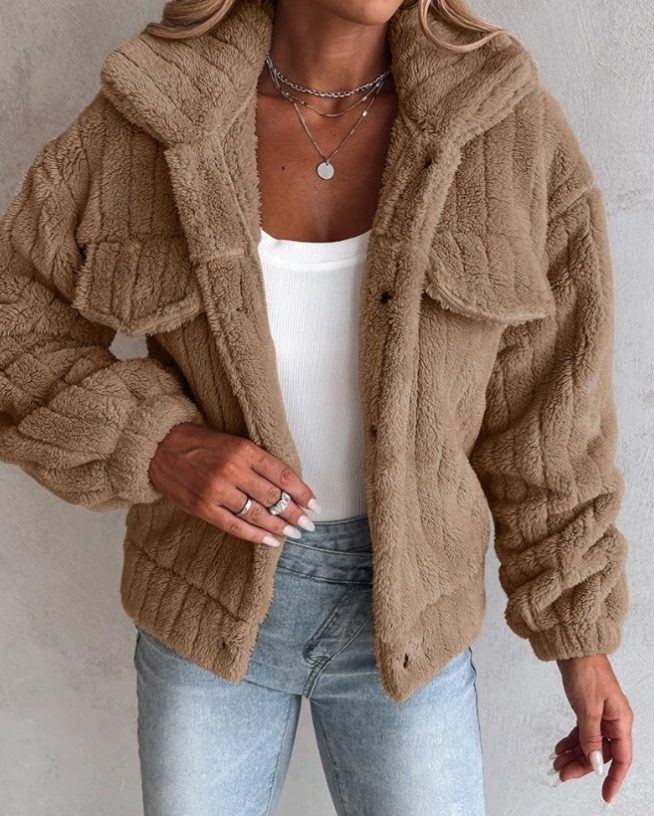 Chest pocket teddy jacket for women