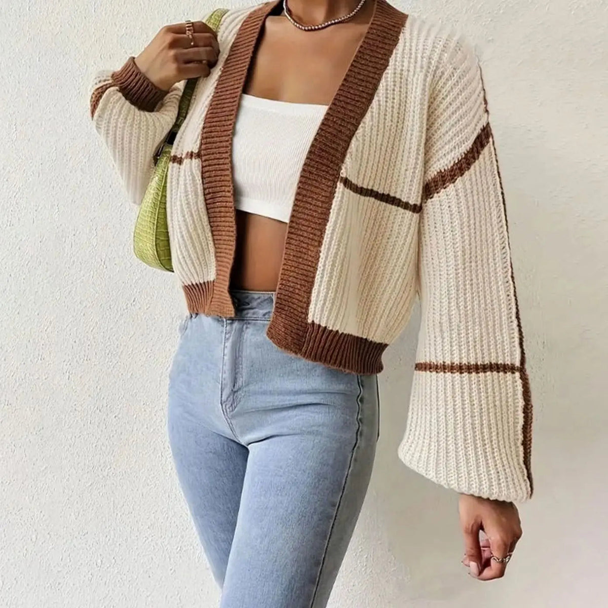 Puff sleeve striped cropped cardigan for women