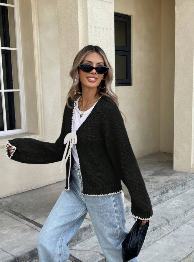 Bow front scalloped cropped cardigan for women