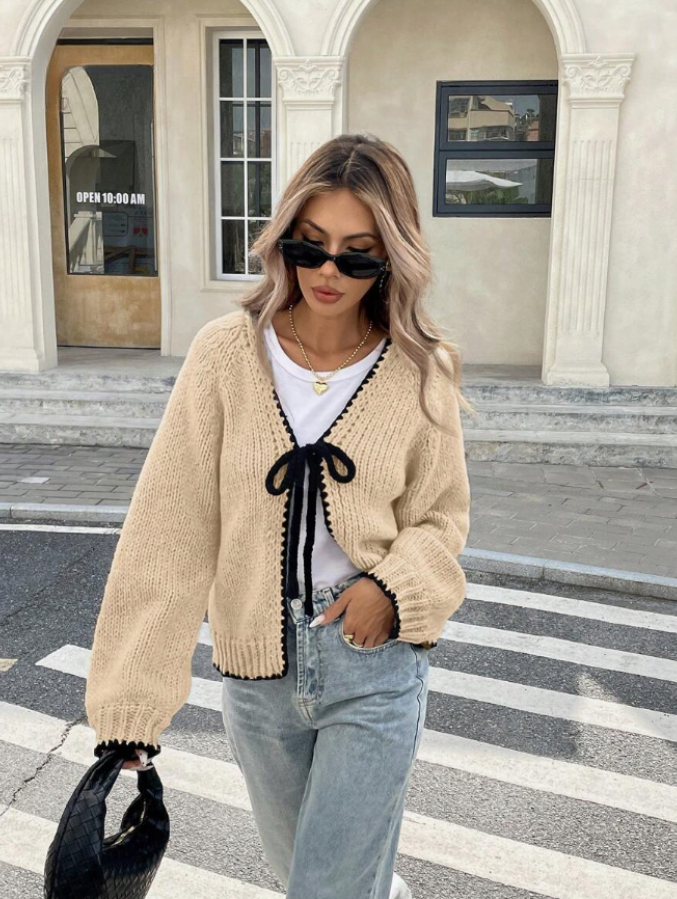 Bow front scalloped cropped cardigan for women