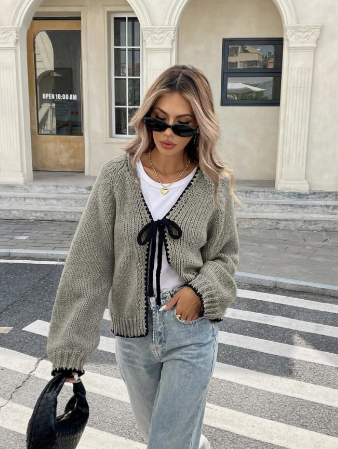 Bow front scalloped cropped cardigan for women