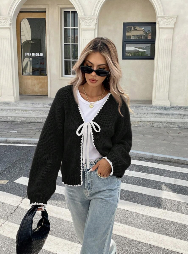 Bow front scalloped cropped cardigan for women