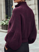 Zip-up puff sleeve cropped cardigan for women