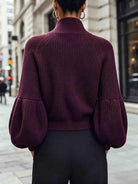 Zip-up puff sleeve cropped cardigan for women