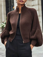 Zip-up puff sleeve cropped cardigan for women