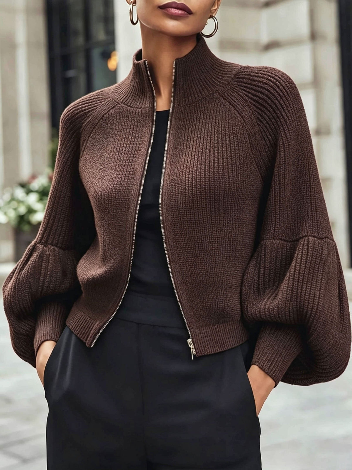 Zip-up puff sleeve cropped cardigan for women