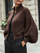 Zip-up puff sleeve cropped cardigan for women
