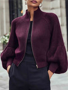 Zip-up puff sleeve cropped cardigan for women
