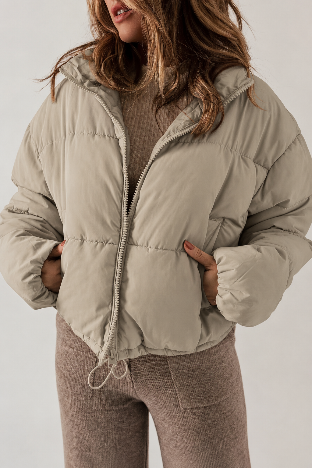 Drawcord hem cropped puffer jacket for women