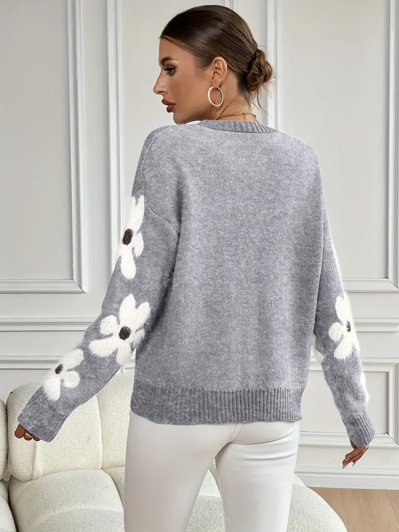 Floral oversized sweater in blue, gray, khaki, pink and green for women